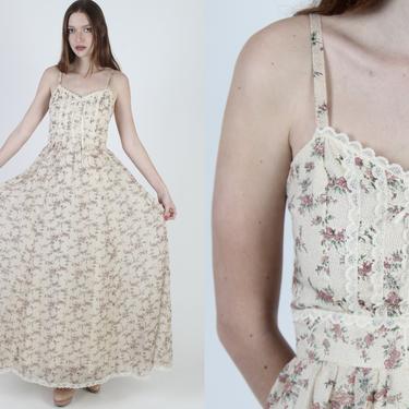Vintage 70s Gunne Sax Dress / Long Boho Wedding Dress / Bouquet Garden Flowers Prairie Calico / Ivory Lace Maxi Dress 
