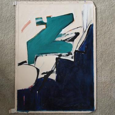 Original Vintage R. TIMPANO ABSTRACT Expressionist PAINTING 28x20&quot; Oil / Canvas, Mid-Century Modern Art blue green white eames knoll era 