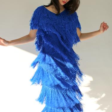 Vintage 80s French Rags Cobalt Blue Fringe Tiered Dress | Made in USA | Hand Loomed, Flapper, Bohemian, Party | 1980s Designer Evening Dress 