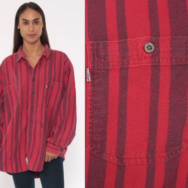 90s Striped Levis Shirt -- Grunge Red Oversized Button Down Distressed Levi Jean Red Boyfriend 1990s Long Sleeve Vintage Extra Large XL 