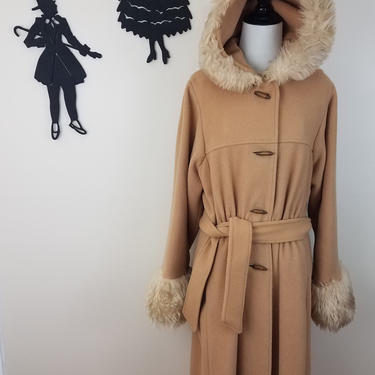 Vintage 1970's Faux Fur Coat / 70s Hooded Jacket M/L 