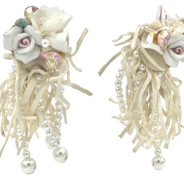 Wendy Gell 80s white Wedding Leather Fringe Earrings