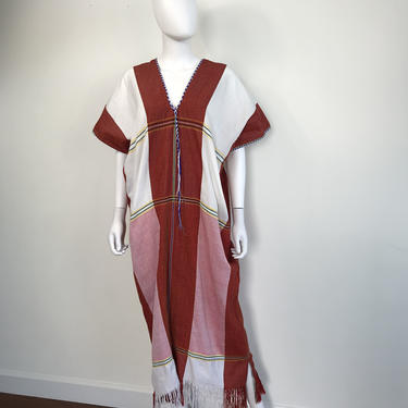 Vtg 70s woven cotton fringe ethnic caftan maxi dress M 