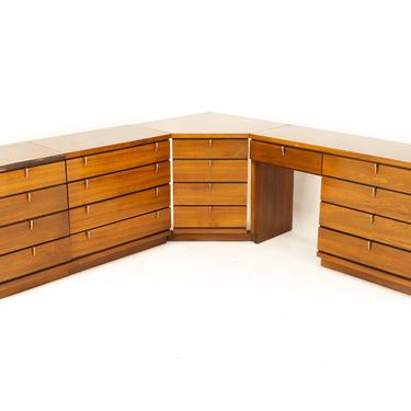 Johnson Carper Mid Century Walnut and Formica 4 Piece Corner Dresser Desk 