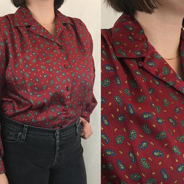 Late 80s Paisley Blouse | Jewel Tone Paisley Print Silky Textured Patterned Fitted Button Up with Pleating | Oscar de la Renta Expressions 
