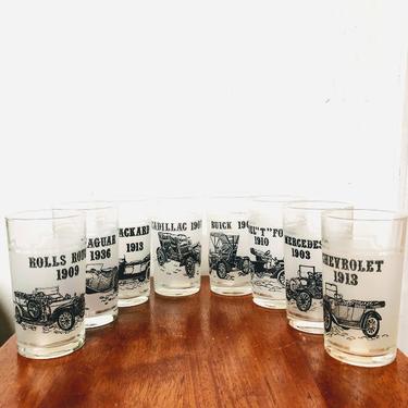 Vintage Mid Century Modern Antique Car Company Frosted Juice Glasses Set of 8 