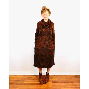 Autumn Paisley Dress // vintage boho high waist midi hippie hippy 70s turtleneck cowl neck // S Small 