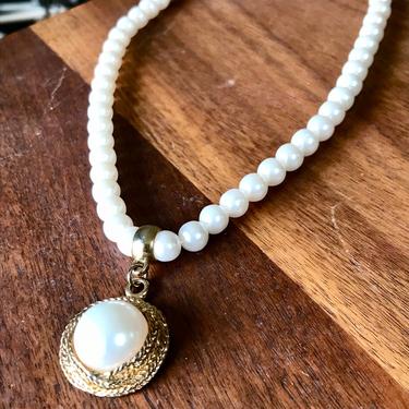 Vintage Faux Pearl Choker Necklace With Pendant 1950s 1960s Estate Jewelry 