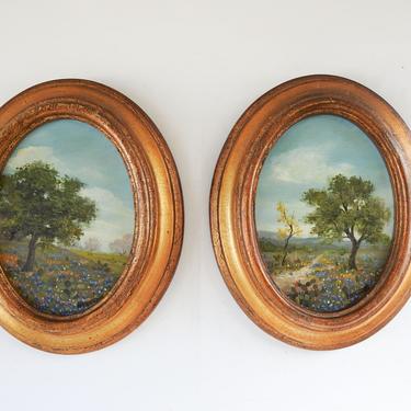 Vintage Bluebonnet Landscape Oval Paintings - a Pair