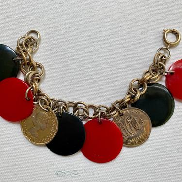 Bakelite Gold Tone Charm Bracelet, Coins Of Elizabeth And George, Bakelite Discs, Red And Very Dark Green/Black 