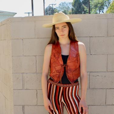Patchwork Leather Vest // vintage 60s 70s brown boho country western Coachella hippie festival dress cropped // S Small 