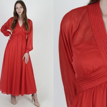 Plain Bright Red Holiday Party Dress / Vintage 1970s Plunging Neck Dress / Draped Simple Christmas Cocktail Maxi Dress 
