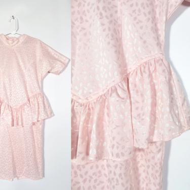 Vintage 80s Girls Pastel Pink Peplum Party Dress Made In USA Size 7 