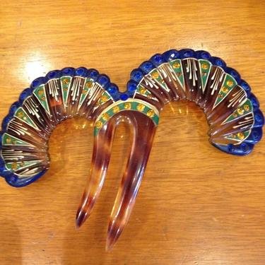 1920s hair comb with blue and amber glass and hand painted details.  #1920s #vintagehair #vintagehairornaments #antiquecombs #pollysuesvintageshop