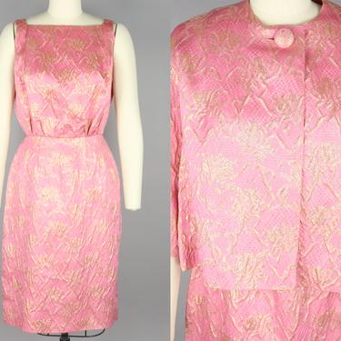 1960s Ceil Chapman Dress Set · Vintage 60s Pink & Gold Cocktail Dress with Cropped Jacket · Small 