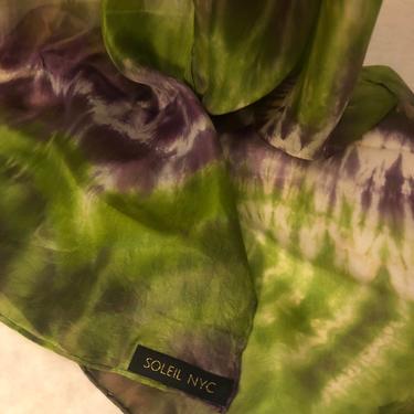 Trending Fashionable, long lightweight silk scarf, green, Aubergine (eggplant), and white, boho chic unique gift, 21” W x 69” L 