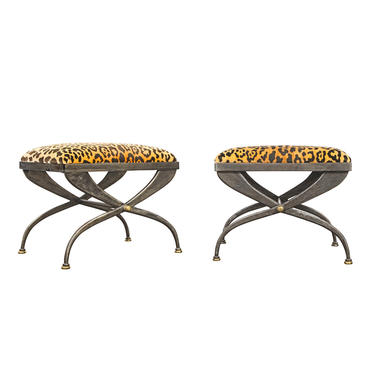 Pair of Artisan Steel Benches with Leopard Print Seats 1970's