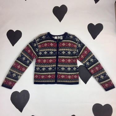 90's fluffy winter knit wool cardigan zip up sweater 1990's striped snowflake ski snow preppy boxy loose fair isle PHD Paul Harris Design L 
