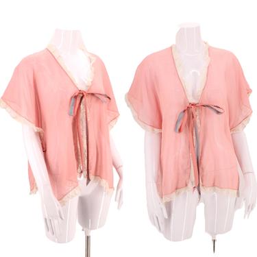 20s pink cotton lingerie blouse /  vintage Art Deco pink boudoir bed combing jacket 1920s top 30s 