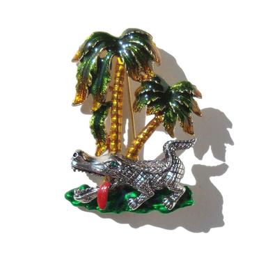 Vintage Enameled Alligator &amp; Palm Trees Brooch 