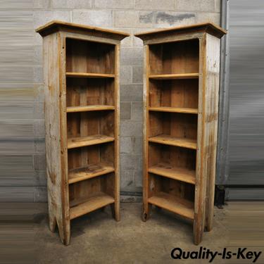 Vintage Pine Wooden Distress Painted 73" Tall Narrow Kitchen Cupboard Bookcase