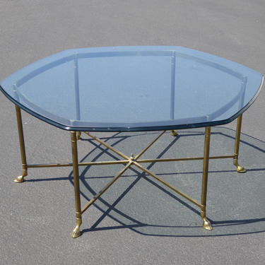 Vintage French Italian Hexagon Brass &amp; Beveled Glass Coffee Table w Hoof Feet 