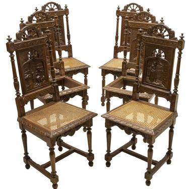 Antique French Breton Spindled Oak Caned Dining Chairs