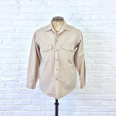 Size Large Vintage 1950s Van Heusen Loop Collar Cotton Blend Tan Rockabilly Shirt 
