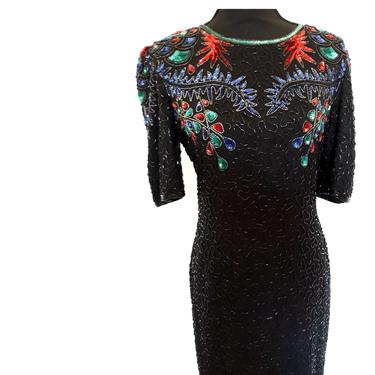 Vintage HOLIDAY dress by CARINA heavily embellished sequin cocktail dress, black green red beaded cocktail party dress, full length small s 