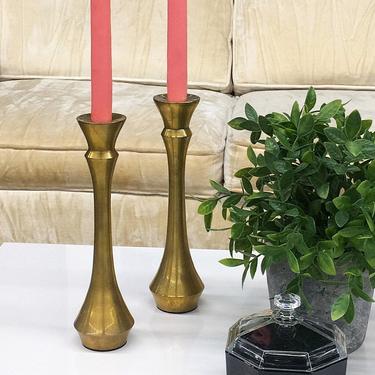 Vintage Candlestick Holders Retro 1960s Mid Century Modern + Gold Brass Metal + Set of 2 Matching + Candle Holders + MCM + Home Decor 