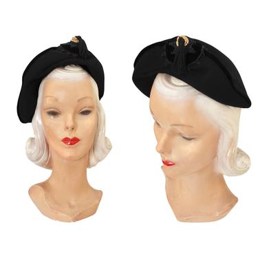 1950s Black Curvette Calot Hat - 1950s Black Cocktail Hat - 1950s Black Half Hat - 1950s Black Hat with Gold Beads - 1950s Tassel Hat 