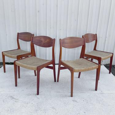 Set of Mid-Century Teak and Cord Dining Chairs- Four 