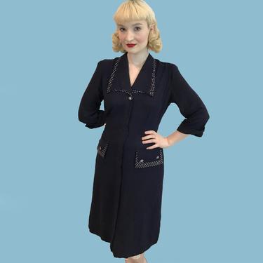 Vintage 1940s Blue Rayon Shirt Dress with polka dot trim and flower buttons  Size L XL 