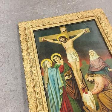 LOCAL PICKUP ONLY Vintage Jesus Framed Print 1960's Retro Size 20x25 Religious Art of Jesus on The Cross in Carved Ornate Gold Wood Frame 