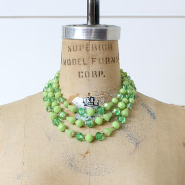 vintage 1960s lime green tiered bib necklace • faceted plastic beads  triple strand cocktail necklace 