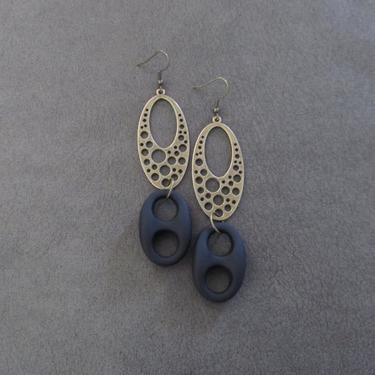 Bold earrings, black and bronze geometric earrings, mid century modern earrings, unique Art Deco earrings, chunky statement earrings rubber 