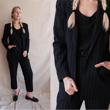 Vintage 90s Pinstripe Pant Suit/ 1990s Navy Blue Striped Blazer and Trousers/ Size Small Medium 