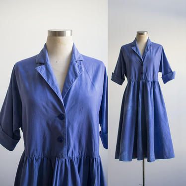 Vintage 1950s Cotton Dress / Vintage Cotton Shirt Dress / Vintage Hand Dyed Dress / 50s Cotton Shirt Dress / Indigo Blue Dyed Dress Medium 