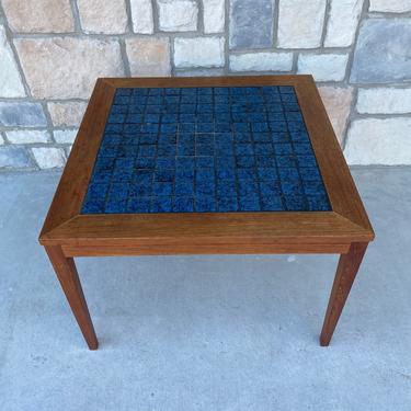 Mid Century Modern Danish Teak and Cobalt Blue Tile Top Coffee Table or Large End Table 