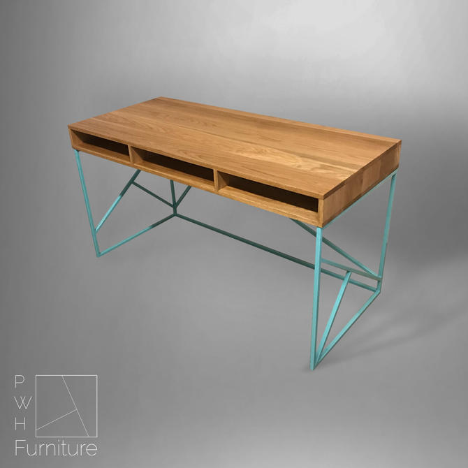 Modern Desk With Cherry Top and Geometric Steel Base 