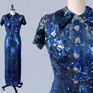 RARE!! 1930s Dress / INCREDIBLE 30s Entirely SEQUINED Gown / Blue Evening Gown / Breast Pocket / Collar / Novelty Leaf Buttons! 