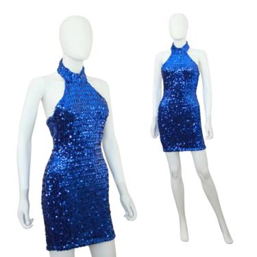 1990s Sequin Dress - Blue Sequin Dress - Vintage Sequin Dress - Vintage Wiggle Dress - Micro Mini Dress - Blue Cocktail Dress | Size Small 