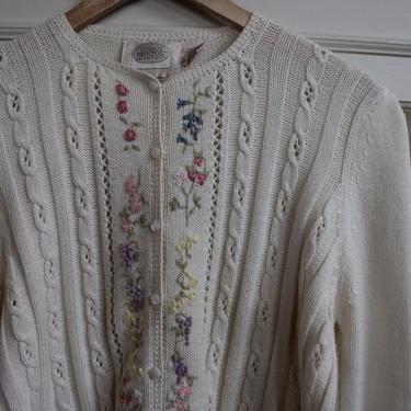 Vintage White Floral Embriodered Pointelle Textured Sweater Cardigan M L 