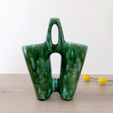 Ceramic Double Vase with Handle | Funky Vintage Vase or Planter | Green and Turquoise Double Sided Flower Vase 