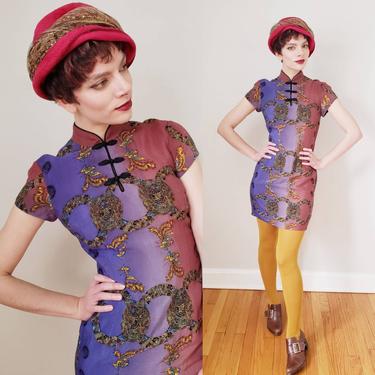 90s Nicole Miller Rayon Print Cheongsam Dress / 1990s Chinese Asian Style Short Sleeved Cocktail Dress / S / Verah 
