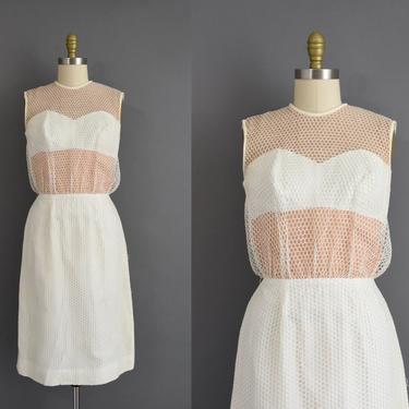 1950s vintage dress | Outstanding Lilli Diamond White Fishnet Cocktail Party Pencil Skirt Wiggle Dress | Medium | 50s dress 