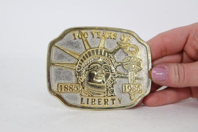 Awesome Vintage Statue of Liberty Belt Buckle, New York City ,1886 1986 100 Years, Gold and Silver, Metallic Chrome 