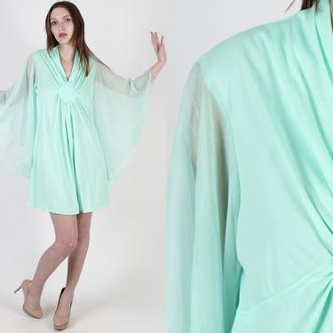 70s Mod Disco Kimono Dress / Sheer Teal Chiffon Angel Sleeves / Disco Party Outfit /  Solid Single Color Avant Garde Mini Dress 