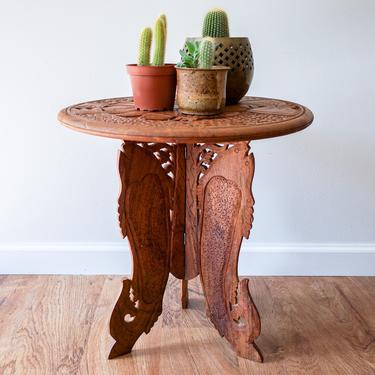 Vintage Hand Carved Bohemian Solid Wood Side Table with Fish Details 