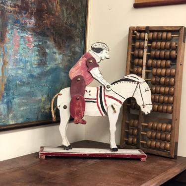 Vintage MCM Wood White Red Horse Rider Primitive Details Tail Moveable Table Decor Home Decor mid century modern retro farmhouse Handpainted 
